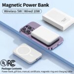 White magnetic power bank with a phone and charging specifications