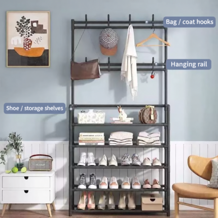 Shoe rack with coat hooks, hanging rail and storage shelves