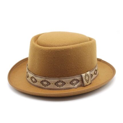 Tan flat-top brimmed hat with decorative patterned band