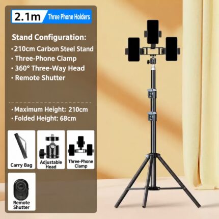 2.1 metre tripod with three phone holders