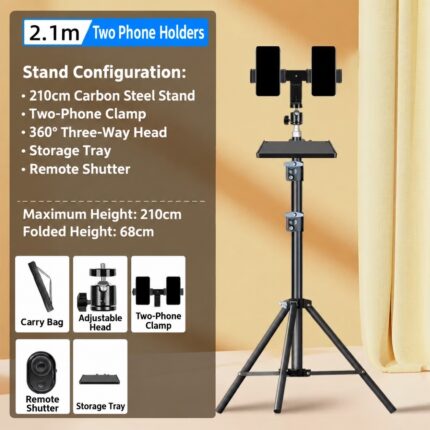 2.1 metre tripod with two phone holders and a storage tray